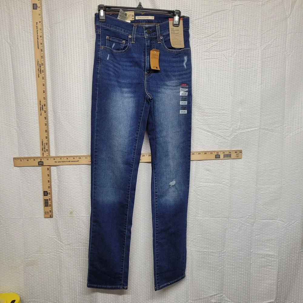 Levis 724 High Rise Slim Straight Jean Dark Wash Distressed 27x32 NEW 18883-0349